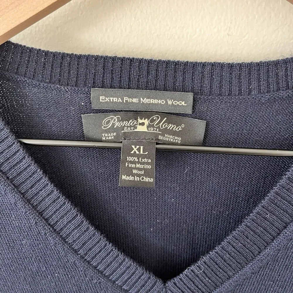 Pronto Uomo Sweater Vest Men's XL Blue 100% Merino Wool V Neck Sleeveless Casual - Picture 3 of 5